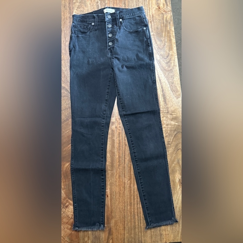 Madewell Womens 10" High Rise Skinny Jeans Button Fly Frayed Hem Black Size 28